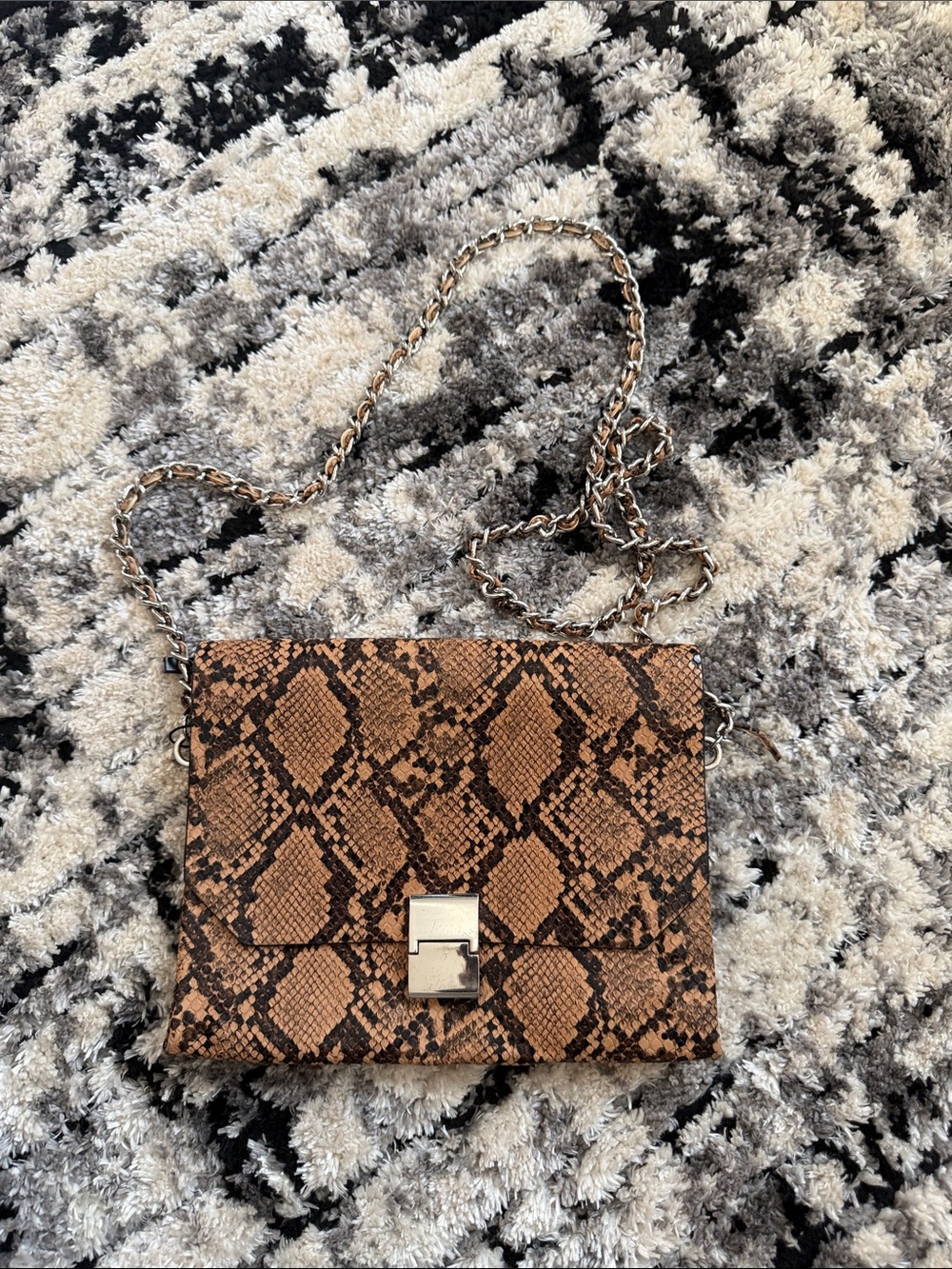 Zara Brown Snake-Print Crossbody Bag with Chain Strap